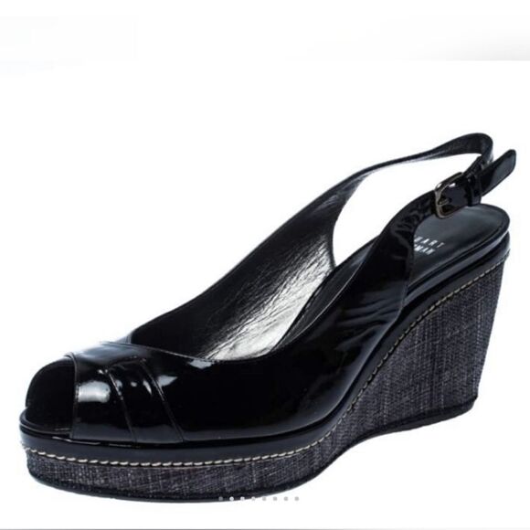 Stuart Weitzman Black Grey Patent Leather Wedge Slingback Peep Toe Heel Sz 8.5 - Picture 1 of 10